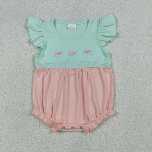 SR3895 Newborn Baby Girls Embroidery Bows Flutter Sleeve Patchwork Ruffle Rompers