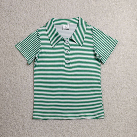 BT1832 Kids Baby Boys Short Sleeve Green Stripe Button Polo Shirts Top
