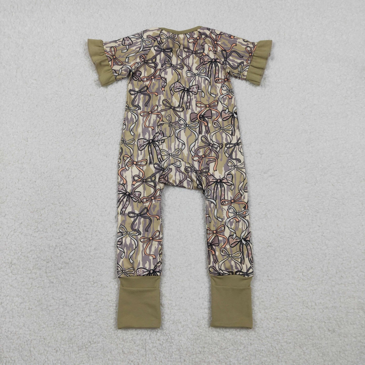 SR3931 Newborn Baby Girl Southern Olive Camo Bows Two Way Zipper Convertible Rompers