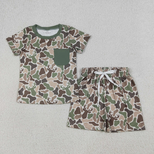 BSSO1792 Kids Baby Boys Southern Green Deer Camo Pocket Top Shorts Hunting Clothes Sets