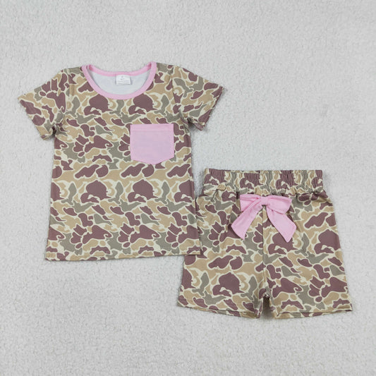 RTS NO MOQ（In Stock) Pink Pocket Brown-Green Camouflage Short-Sleeve and Shorts Set