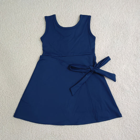 GSD3880 Kids Clothing Baby Girls Navy Sleeveless Bows Yoga Active Short Knee Length Dress