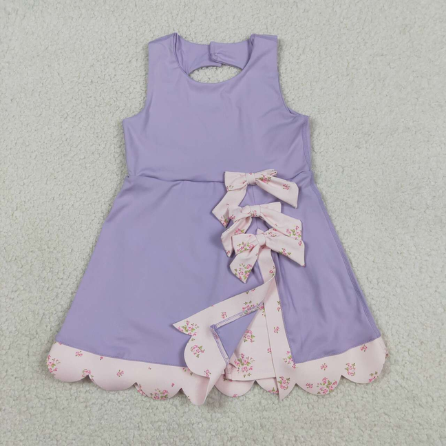 GSD3317 Kids Baby Girls Purple Sleeveless Bows Yoga Active Shorts Scallop Knee Length Dresses