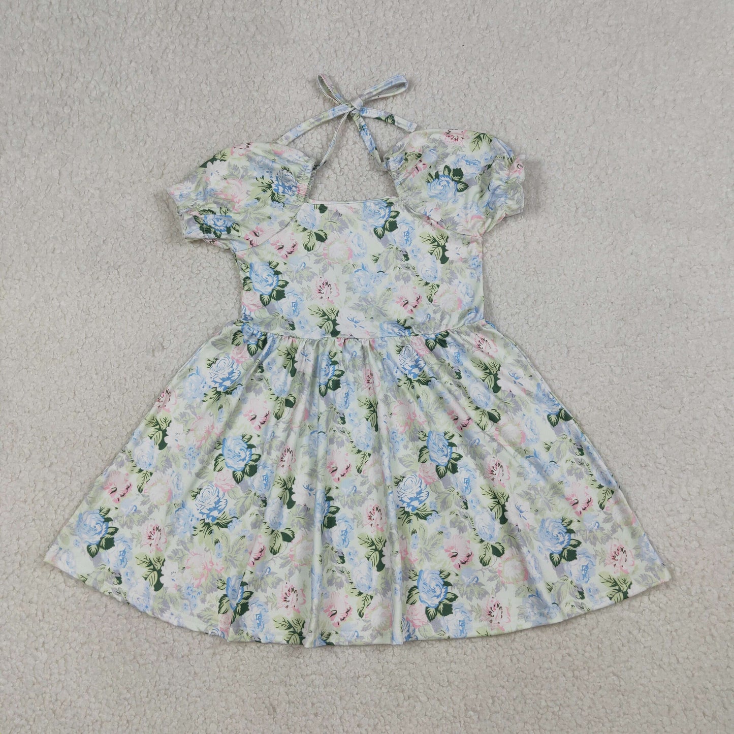 GSD3615 Kids Baby Girl Short Ruffle Sleeve Colorful Flowers Knee Length Dresses