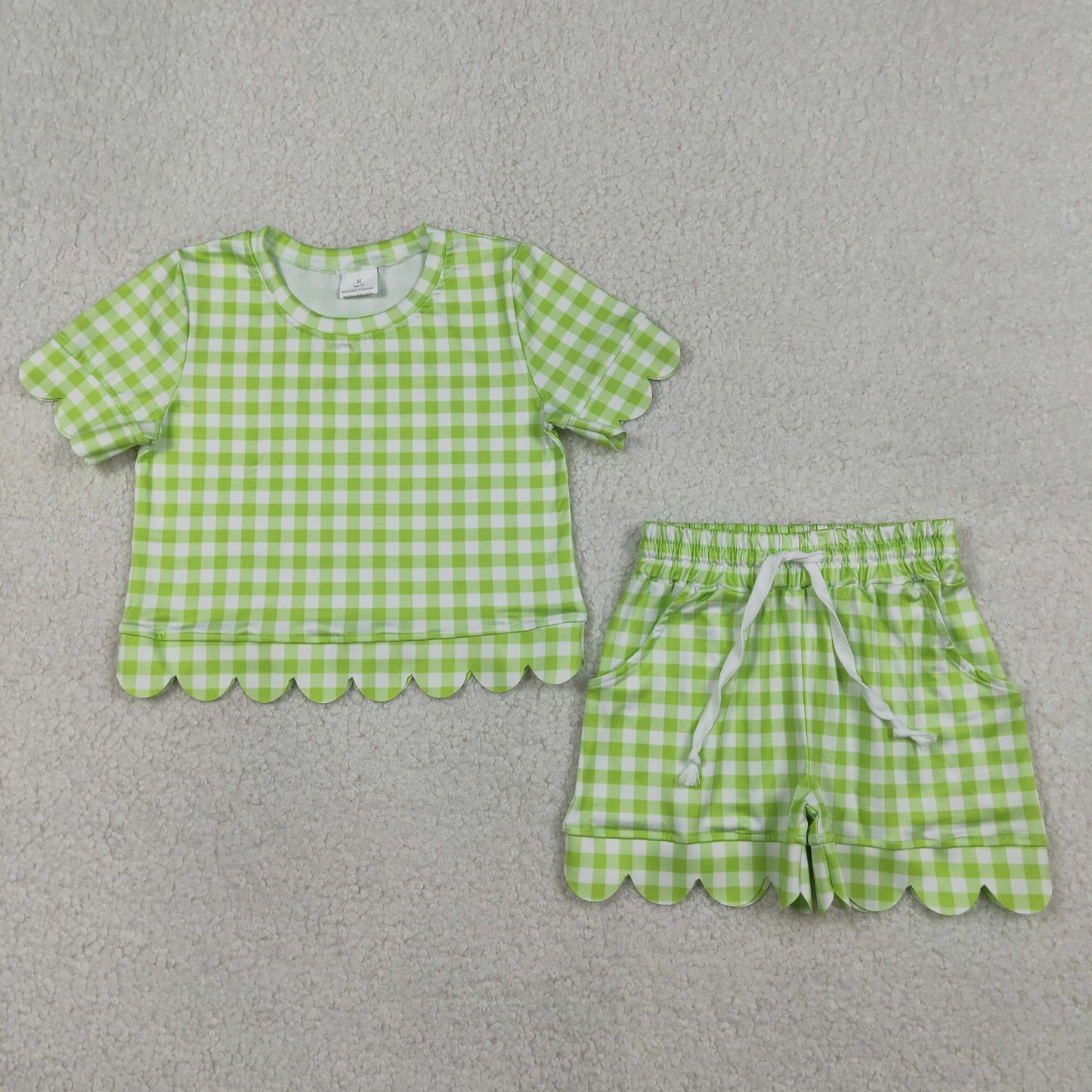 GSSO3189 Kids Baby Girls Short Sleeve Green Checked Shirt Shorts Scallop Clothes Sets