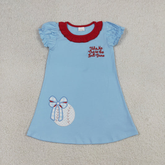 GSD3685 Kids Embroidery Baseballs Bows Baby Girls Team Knee Length Dresses