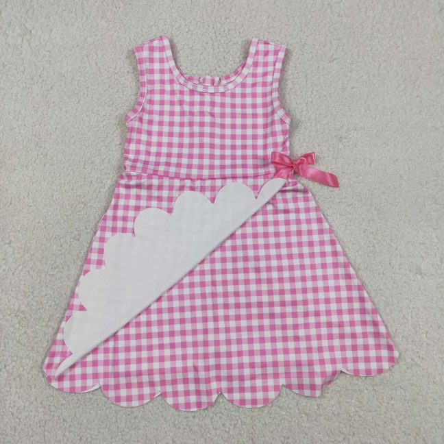 GSD3779 Kids Baby Girls Pink Checked Yoga Active Shorts Scallop Knee Length Dresses