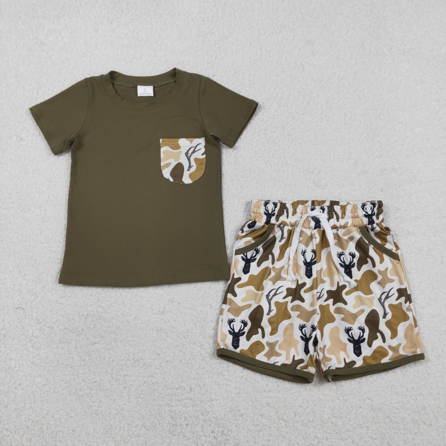 RTS NO MOQ（In Stock) BSSO1845 Deer Head Dark Green Camouflage Pocket Short-Sleeved Shirt and Shorts Set
