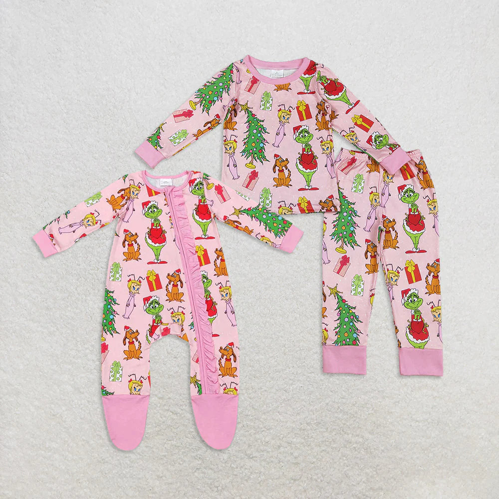 Sibling Baby Kids Girls Green Face Miss Christmas Pajamas Set Zipper Footed Romper