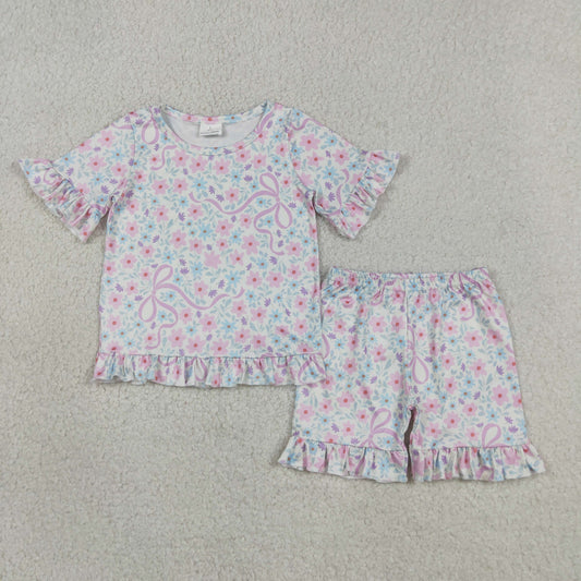 GSSO3322 Kids Baby Girls Colorful Flowers Bows Top Ruffle Shorts Pajamas Clothes Sets