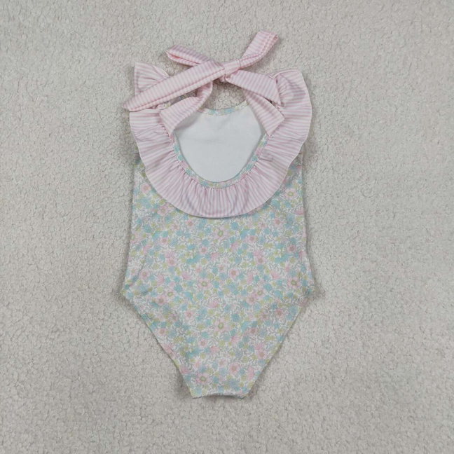 S0732 Kids Baby Girls Stripe Bow Flutter Sleeve Colorful Flowers Swimming Swimsuits
