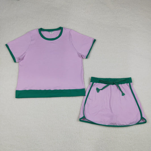 GSD3675 Adult Women Pink Short Sleeve Top Skirt Shorts Cotton Clothes Set