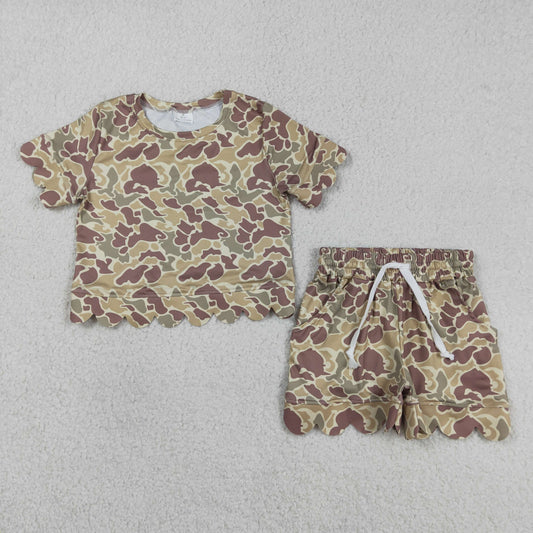 GSSO3224 Kids Baby Girl Southern Khaki Camo Top Scallop Shorts Clothes Set