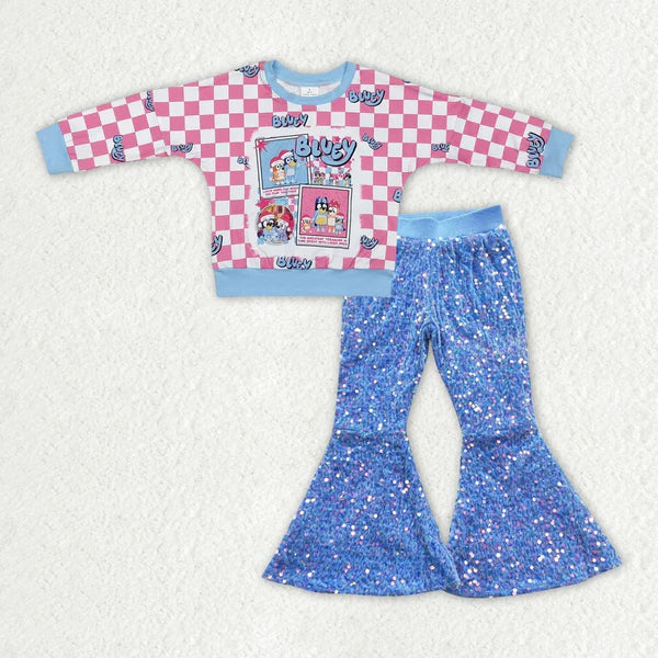 GT0732+P0111 Baby Girls Christmas Dog Shirt Blue Sequin Bell Pants Clothes Set