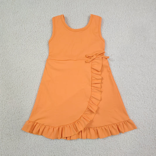 GSD3767 Kids Clothing Baby Girls Orange Sleeveless Yoga Active Shorts Ruffle Knee Length Dresses