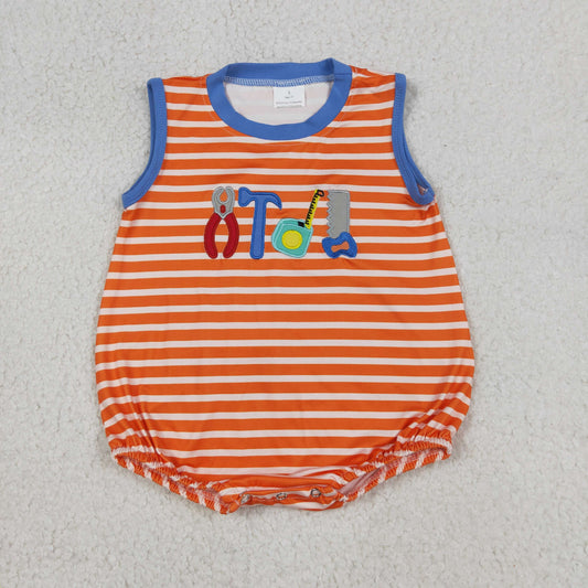 SR3943 Newborn Embroidery Tools Baby Boys Sleeveless Orange Stripe Rompers
