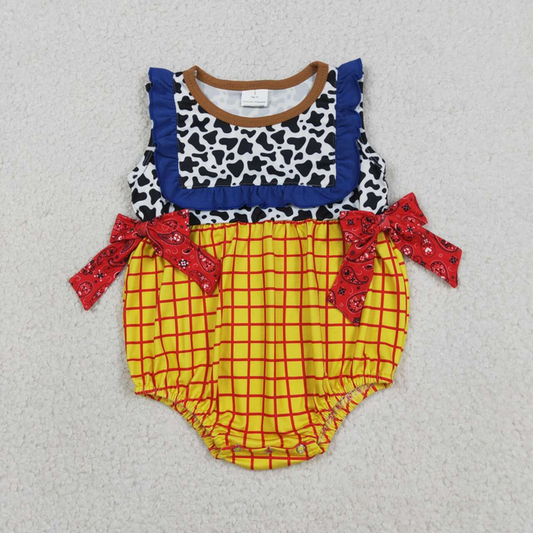SR4115 Newborn Baby Girls Sleeveless Cow Print Yellow Checked Ruffle Rompers