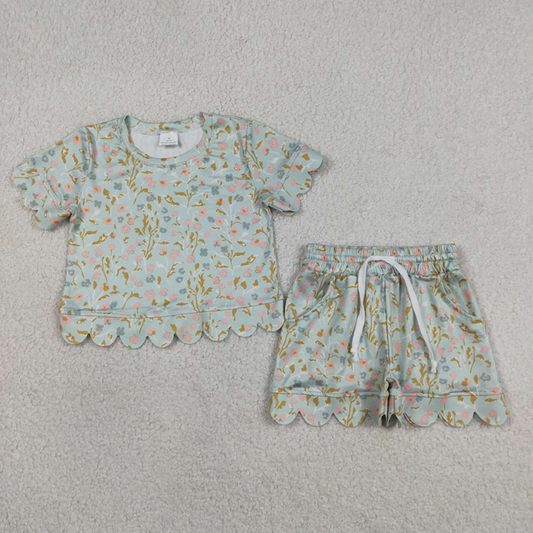 GSSO3266 Kids Baby Girls Short Sleeve Colorful Flowers Top Pockets Shorts Scallop Clothes Sets