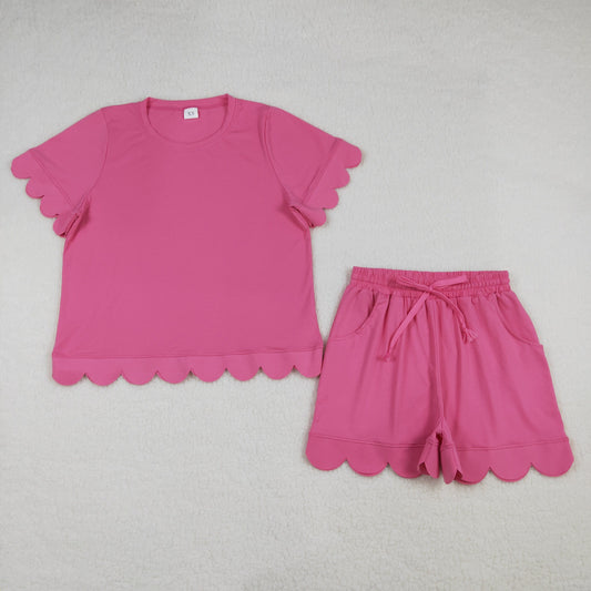 GSSO3204 Adult Women Hot Pink Shorts Sleeve Shirts Top Short Scallop Clothes Sets
