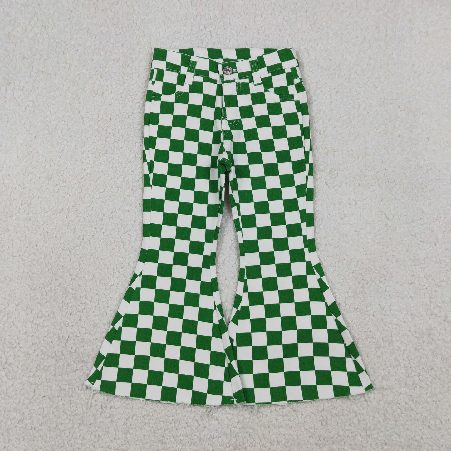 RTS NO MOQ（In Stock) P0841 Green and white plaid denim trousers