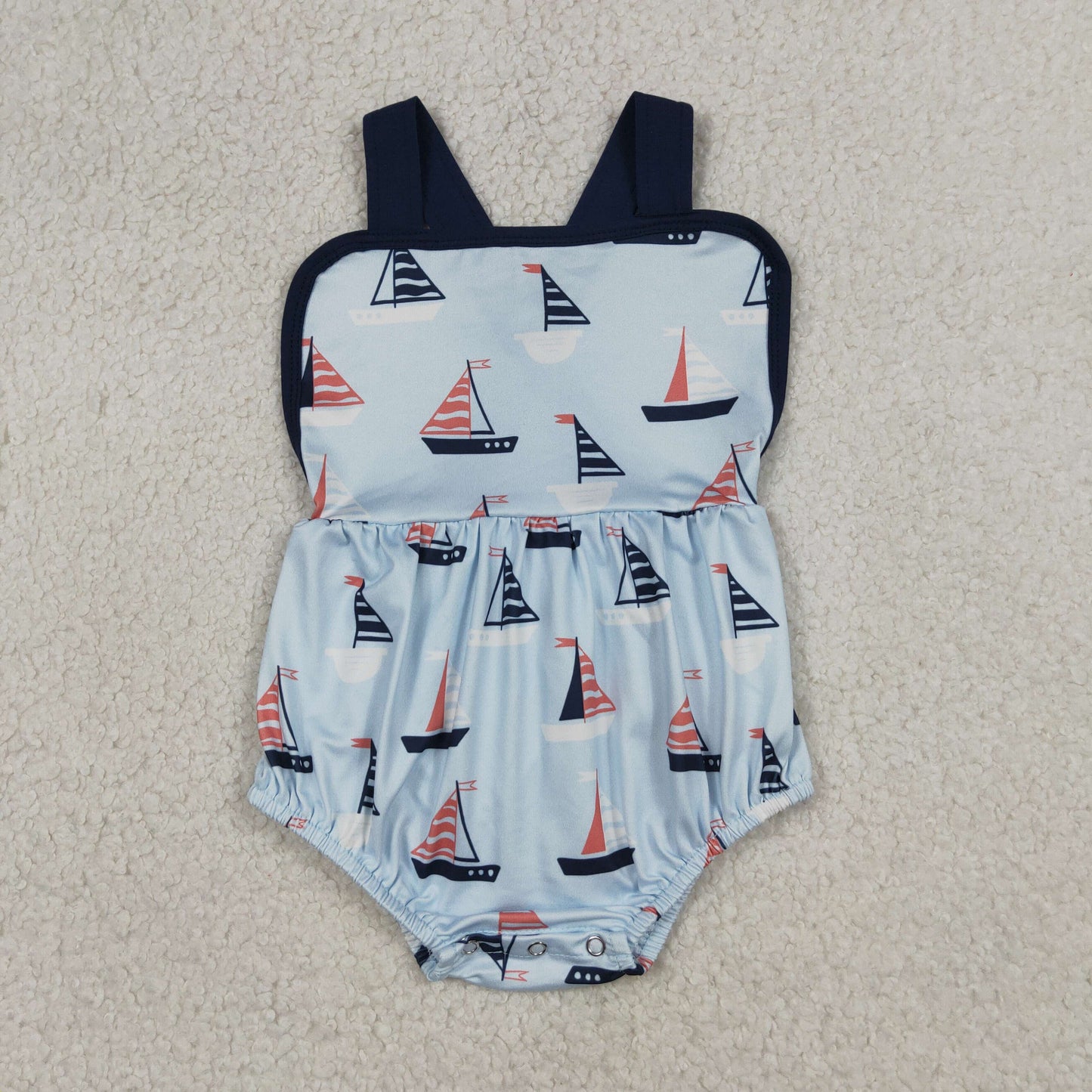 SR3945 Newborn Baby Boys Blue Strap Boats Plaid Rompers