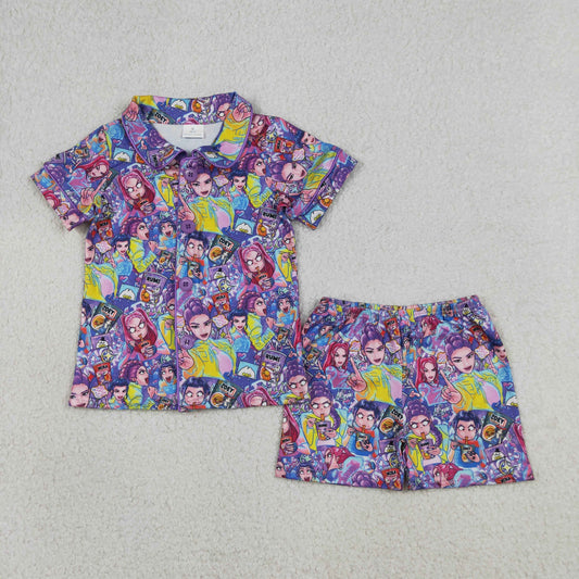 GSSO3087 Kids Baby Girls Demon Hunter Button Top Shorts Pajamas Sets