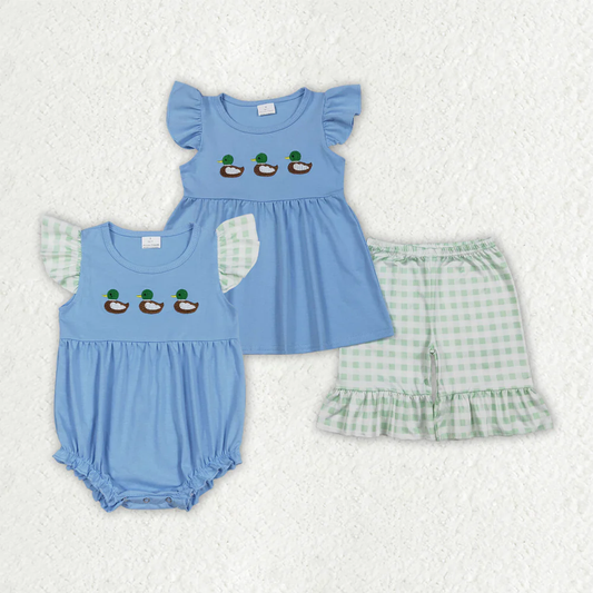 Sibling Baby girls clothes Embroidery duck short sleeve shorts sets and Rompers