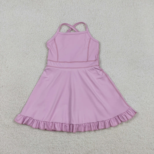 S0712 Kids Baby Girl Lavender Strap Yoga Ruffle Active Shorts Knee Length Dresses