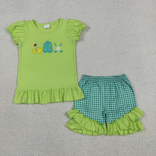 GSSO3033 Kids Embroidery Golf Flag Baby Girls Top Green Checked Ruffle Shorts Clothes Sets