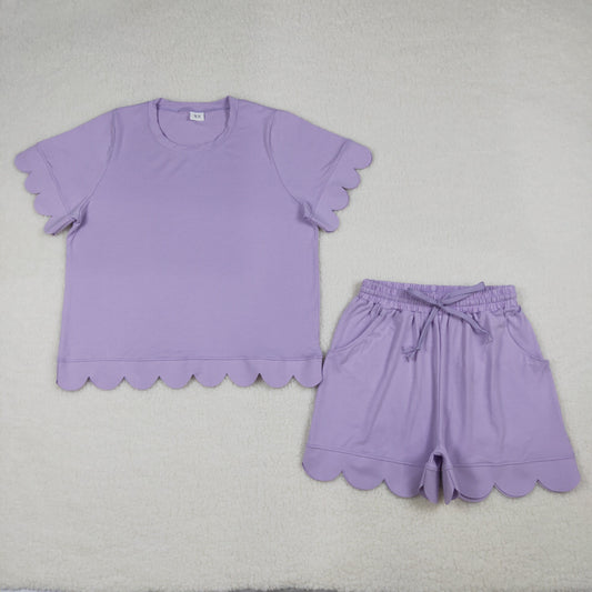 GSSO3199 Adult Women Lavender Short Sleeve Shirt Pockets Short Scallop Clothes Set