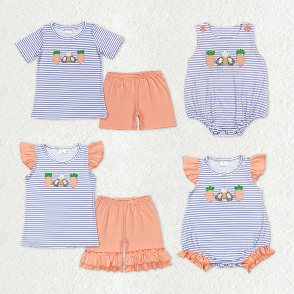 Sibling Baby girl boy clothes Embroidery easter short sleeve shorts sets and Rompers