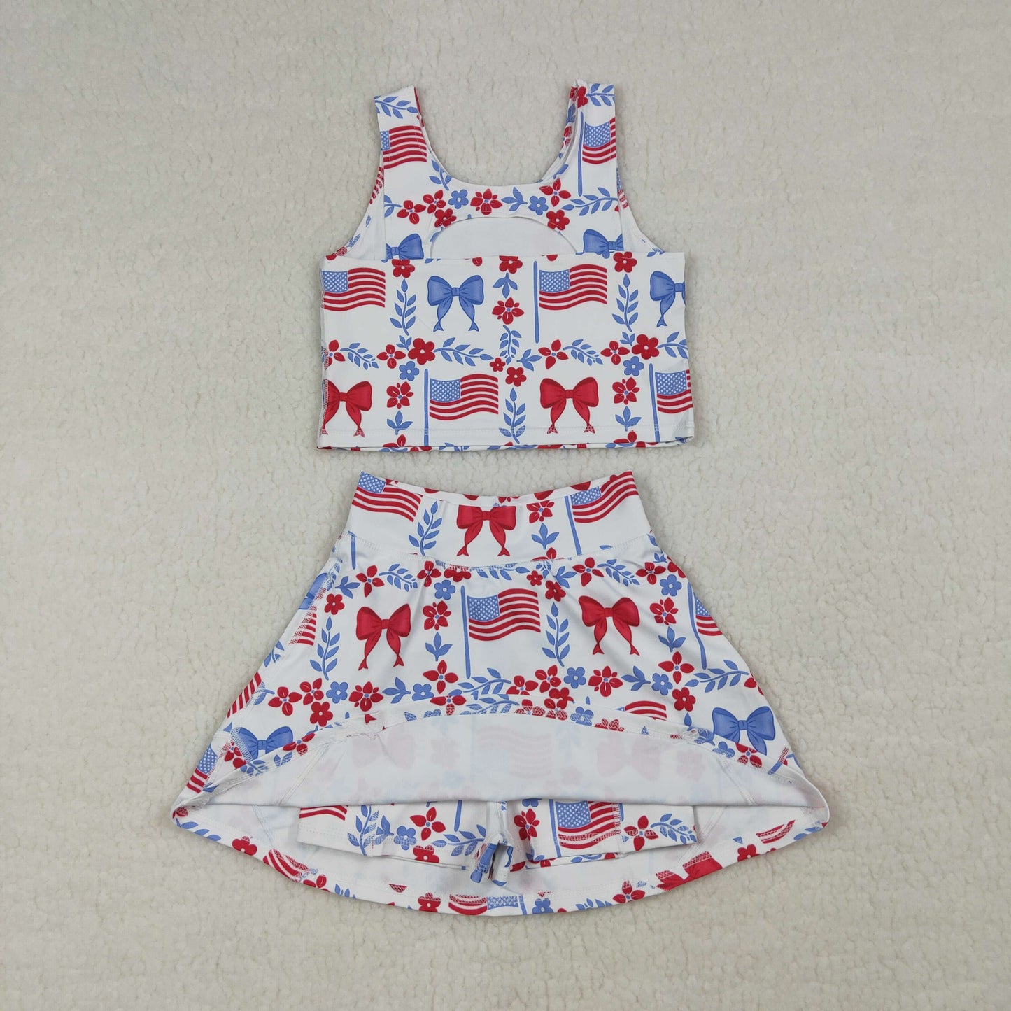 GSD3499 Kids Baby Girl Flower Flags Vests Skirt Short 4th of July Yoga Active Clothes Sets
