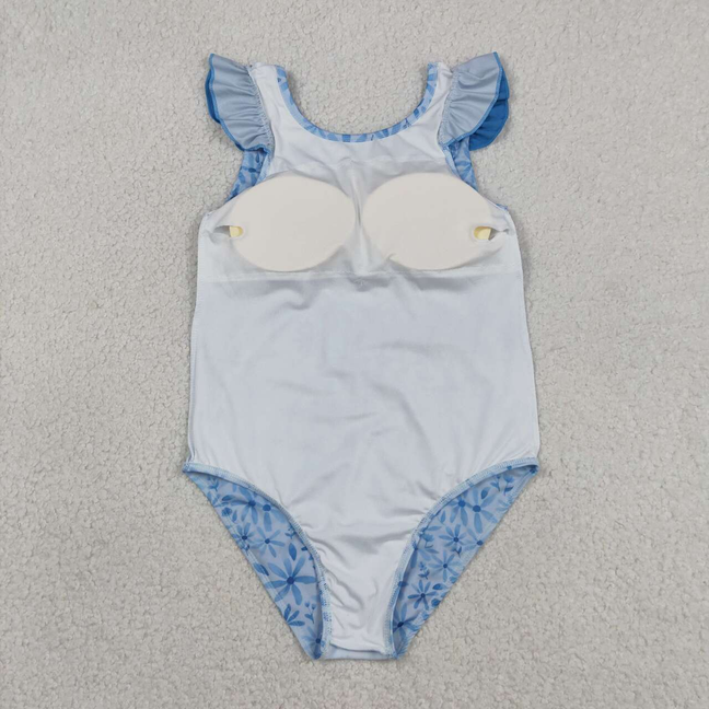 S0515 Kids Baby Girls Flutter Sleeve Blue Flowers One Piece Bummies Swimsuits