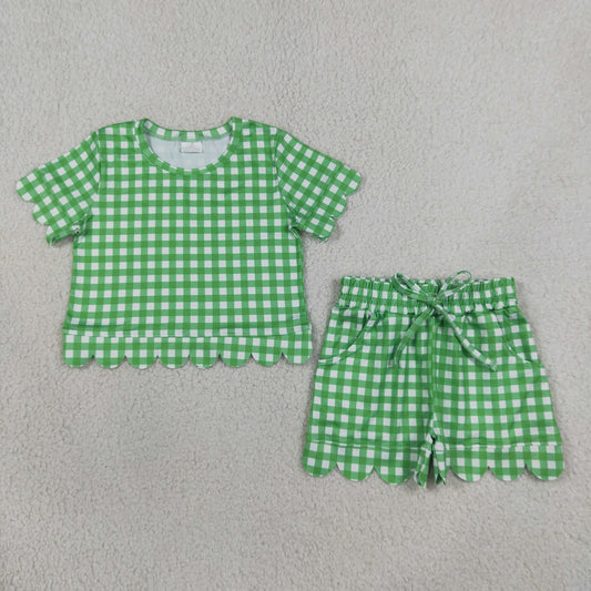 GSSO3840 Kids Clothing Baby Girls Green Checked Shirt Top Pockets Short Scallop Clothes Set
