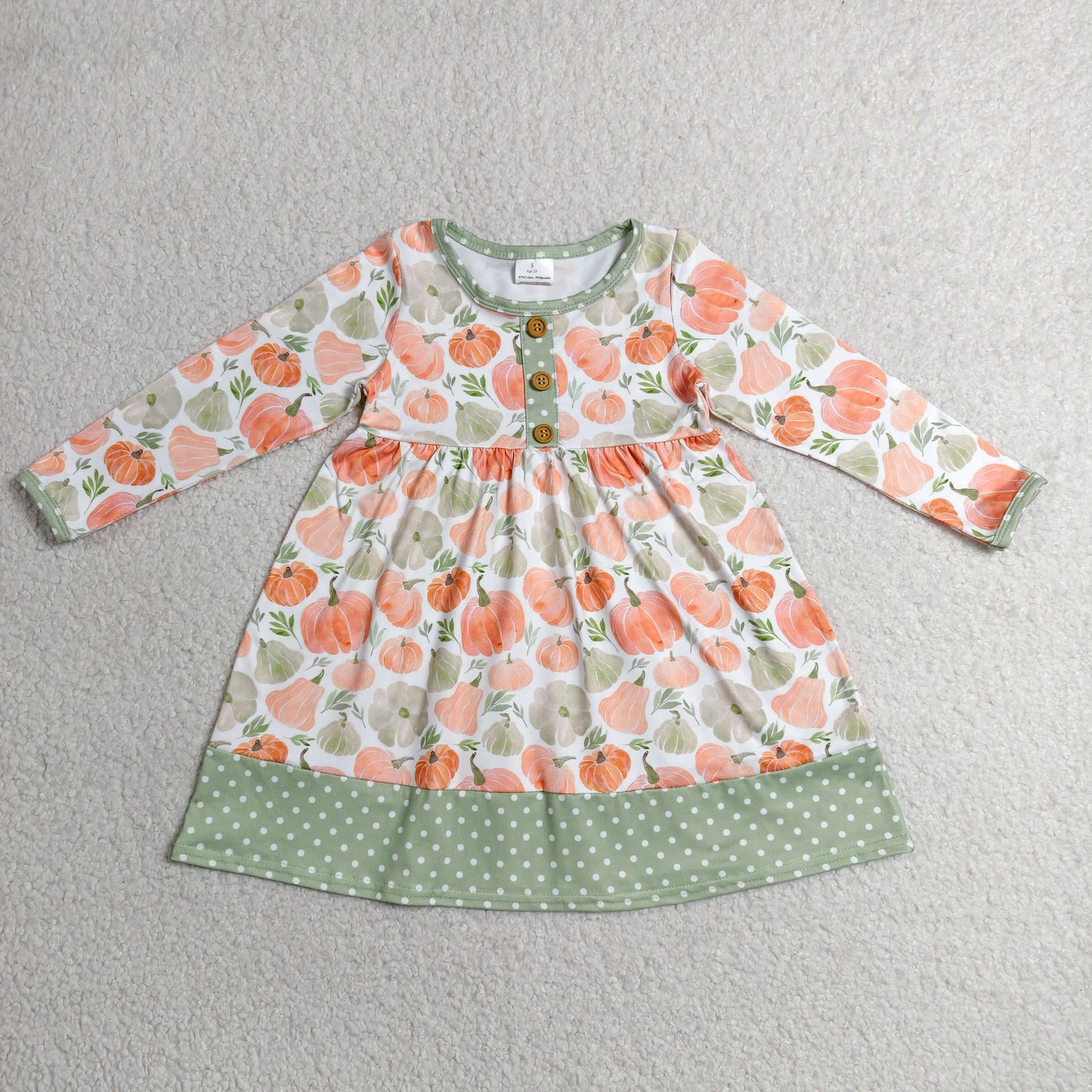 GLD1626 Kids Baby Girls Long Sleeve Pumpkins Button Fall Knee Length Dresses