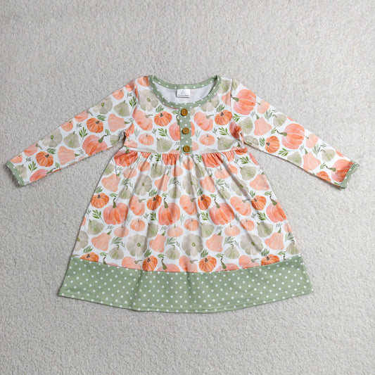 GLD1626 Kids Baby Girls Long Sleeve Pumpkins Button Fall Knee Length Dresses