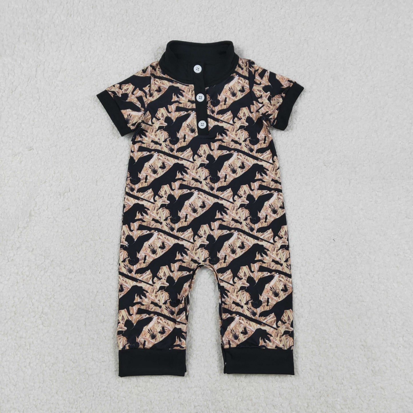 RTS NO MOQ（In Stock) SR3637 Duck Puppy Branch and Leaf Button Collar Short-Sleeved Jumpsuit