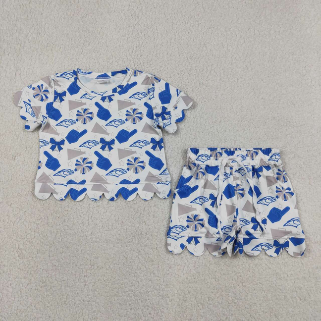 GSSO3408 Kids Baby Girls Eagles Bows Cheer Top Pockets Shorts Team Scallop Clothes Set