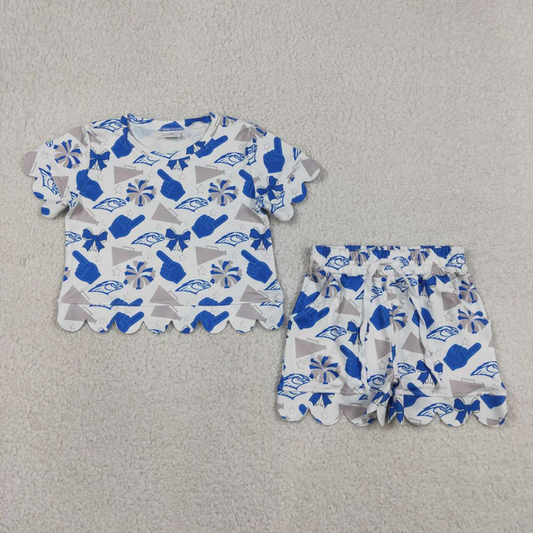 GSSO3408 Kids Baby Girls Eagles Bows Cheer Top Pockets Shorts Team Scallop Clothes Set