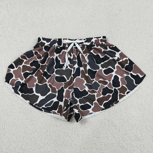 SS0768 Adult Women Dark Brown Camo Yoga Active Shorts Ruffle Bottom