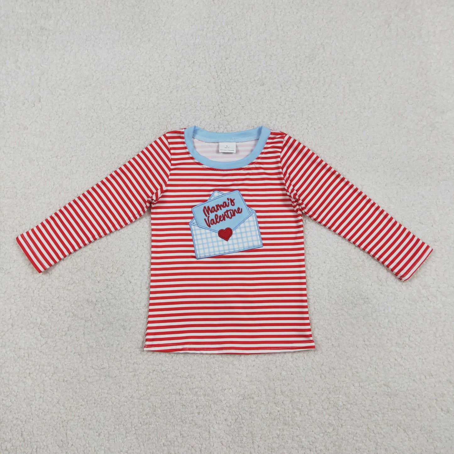 RTS NO MOQ（In Stock) BT1574 Embroidered Mama's Valentine Love Letter Envelope Red Striped Long-Sleeved Top