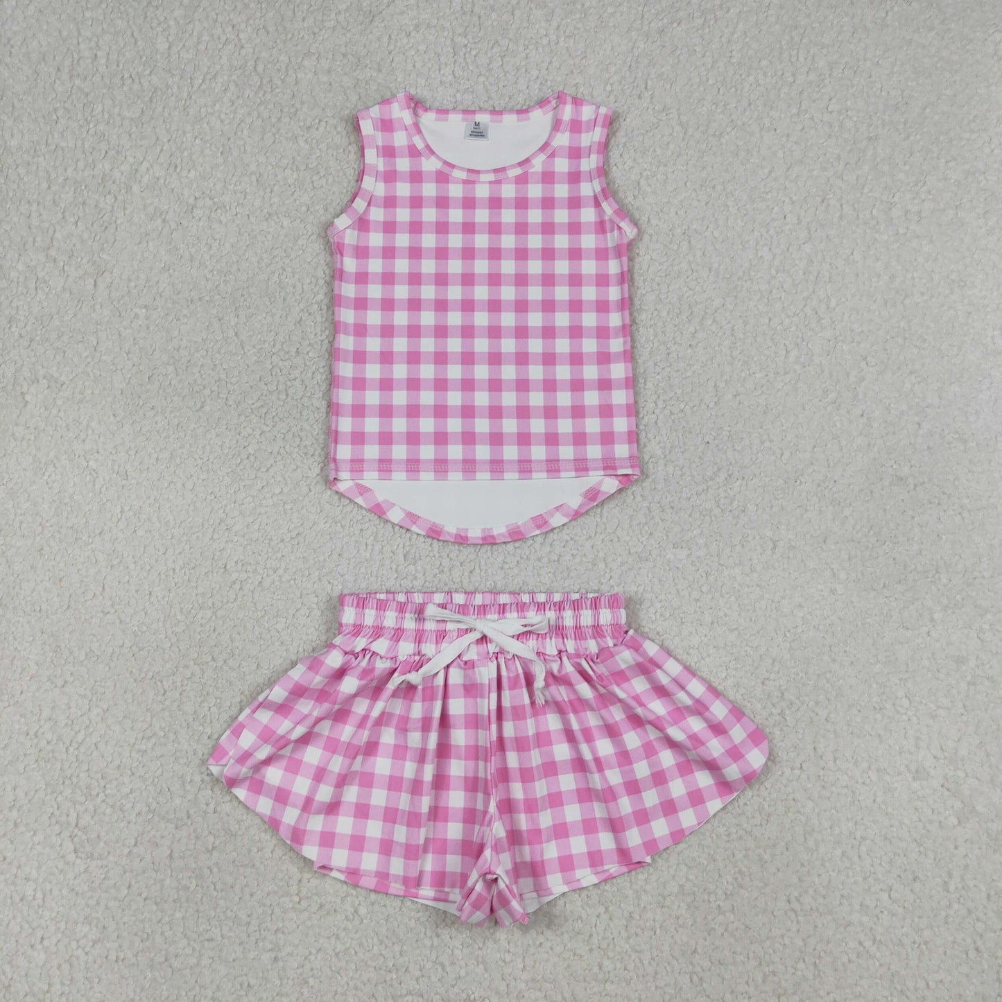 GSSO3478 Kids Baby Girls Pink Checked Vests Top Butterfly Short Yoga Active Clothes Set