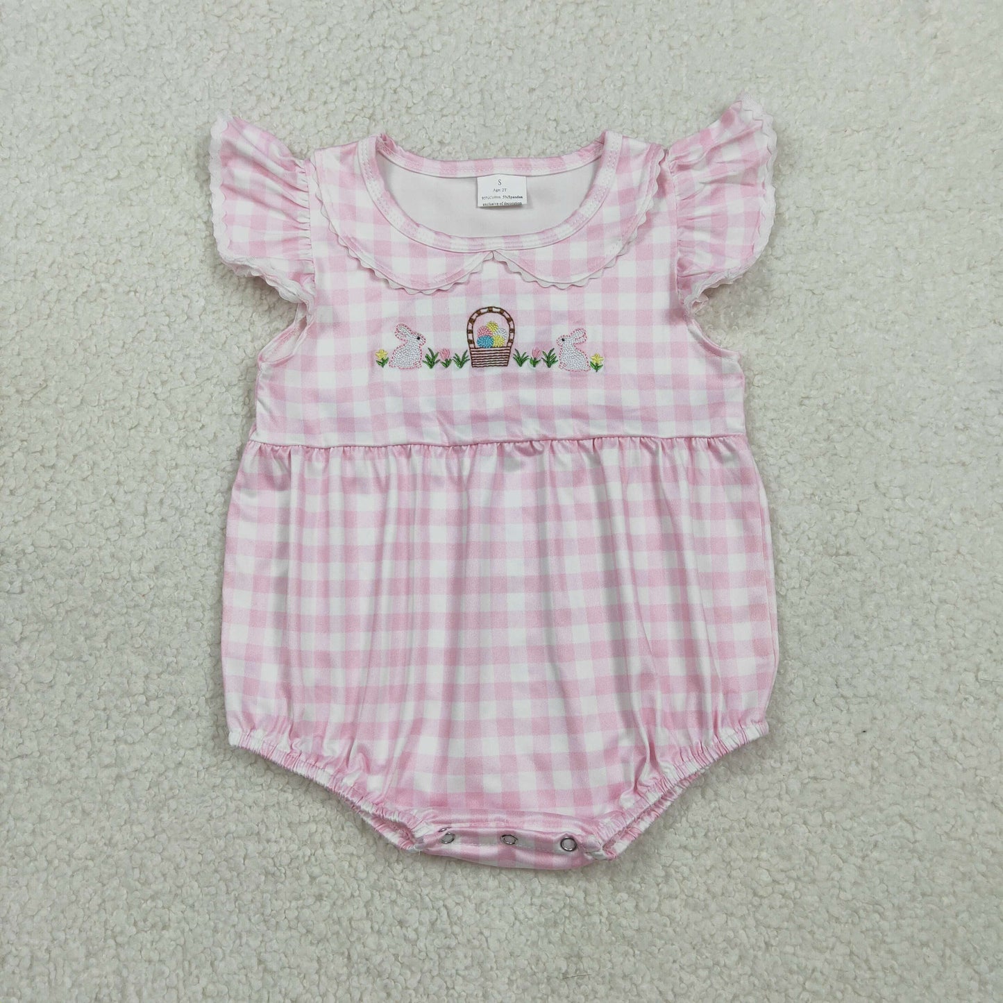 SR3314 Newborn Baby Girl Embroidery Rabbits Eggs Pink Checked Easter Ruffle Rompers
