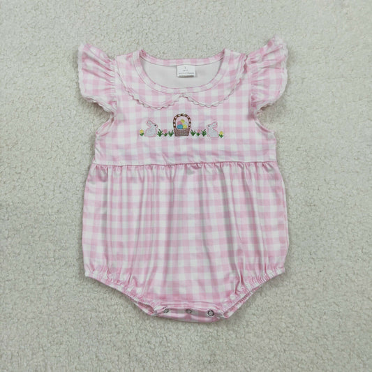 SR3314 Newborn Baby Girl Embroidery Rabbits Eggs Pink Checked Easter Ruffle Rompers