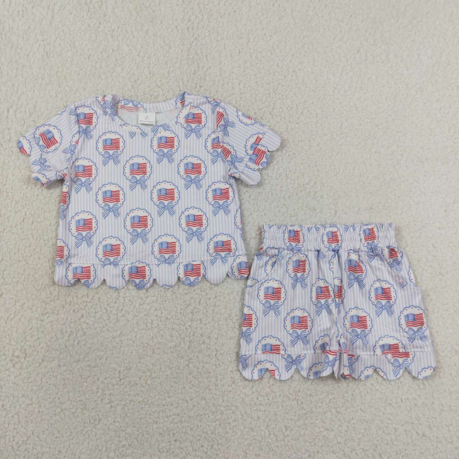 GSSO3555 Kids Baby Girls Bows Flags Stripe Top Pockets Short 4th of July Scallop Clothes Sets