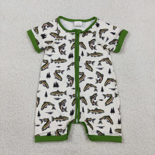 SR3095 Newborn Baby Boy Green Short Sleeves Fishes Hunting Zipper Rompers