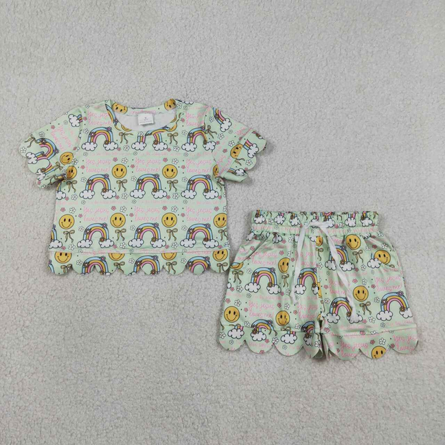 GSSO3283 Kids Baby Girls Rainbow Smiles Flowers Top Pockets Shorts Scallop Clothes Sets