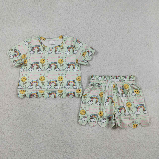 GSSO3283 Kids Baby Girls Rainbow Smiles Flowers Top Pockets Shorts Scallop Clothes Sets