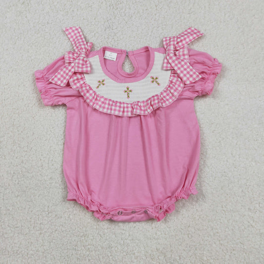 RTS NO MOQ（In Stock) SR3250 Embroidered Cross Pink and White Check Lace Short-Sleeve Onesie