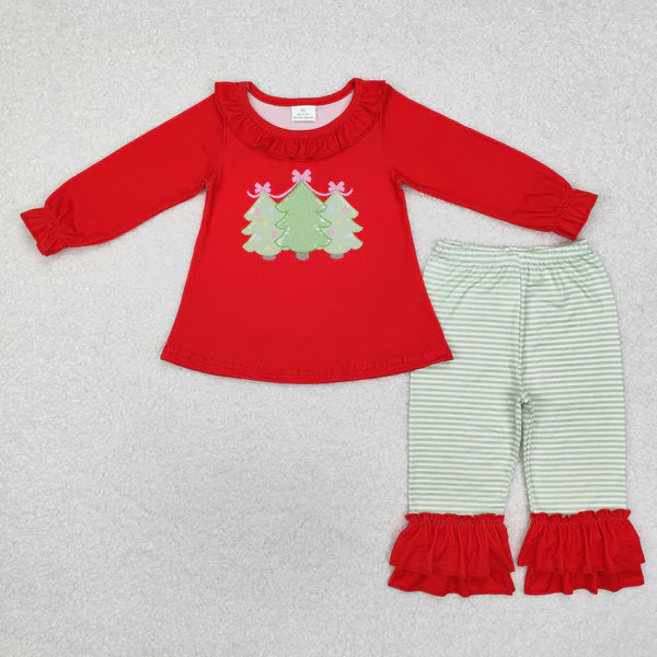 GLP1672 Baby Girls Red Christmas Tree Tunic Ruffle Pants Clothes Set